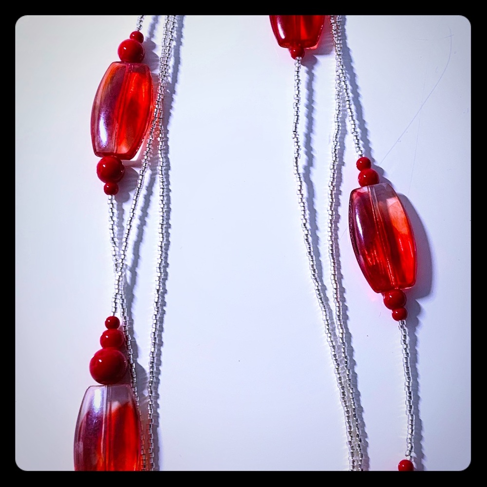 Long 15” red chunky bead triple strand necklace